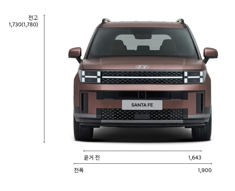 갈색 싼타페 정면 좌측 차량 맨위부터 바닥면까지 긴 검은선 좌측 옆 검은글씨 전고 1&amp;#44;730(1&amp;#44;780) 갈색 싼타페 아래 바퀴 좌우측 중앙 긴 검은선 아래 검은글씨 윤거 전 1&amp;#44;643 아래 양쪽 바퀴 바깥쪽 긴선 아래 검은글씨 전폭 1&amp;#44;900