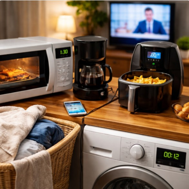 여러 가전제품을 동시에 사용하며 전력 사용이 집중되는 생활 장면