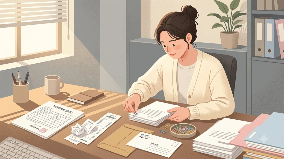 한국인 여성이 사무실 책상 위에 여러 장의 서류를 종류별로 나눠 정리하며 클립으로 묶는 장면.
