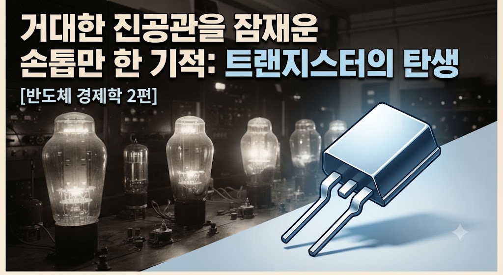 거대하고 뜨거운 '진공관'들이 복잡하게 얽혀있는 전화 중계국 사진 위에, 손톱만 한 크기의 반짝이는 '트랜지스터' 하나가 놓여 대비를 이룹니다. 상단에는 굵은 한글 제목으로 "거대한 진공관을 잠재운 손톱만 한 기적"이라고 적어 호기심을 자극합니다.