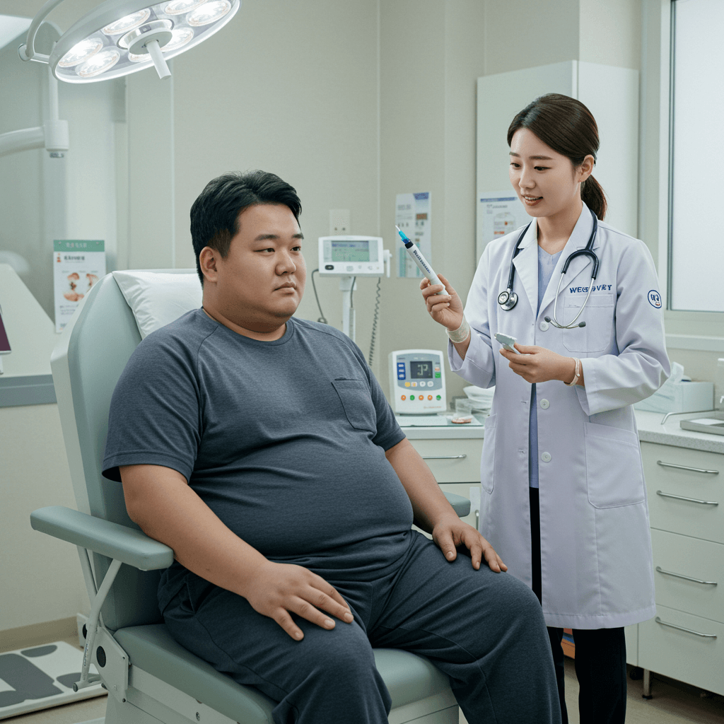 비만 환자가 병원에서 위고비 주사 펜을 의사에게 설명 듣는 장면 2