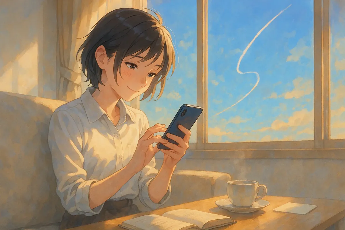 ETF 투자 초보자가 스마트폰으로 투자 앱을 확인하며 미소 짓는 모습과 배경에 상승하는 차트가 보이는 희망적인 이미지