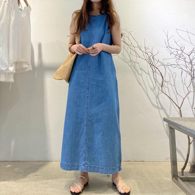 봄 여름 데님 민소매 원피스 고급 롱 드레스