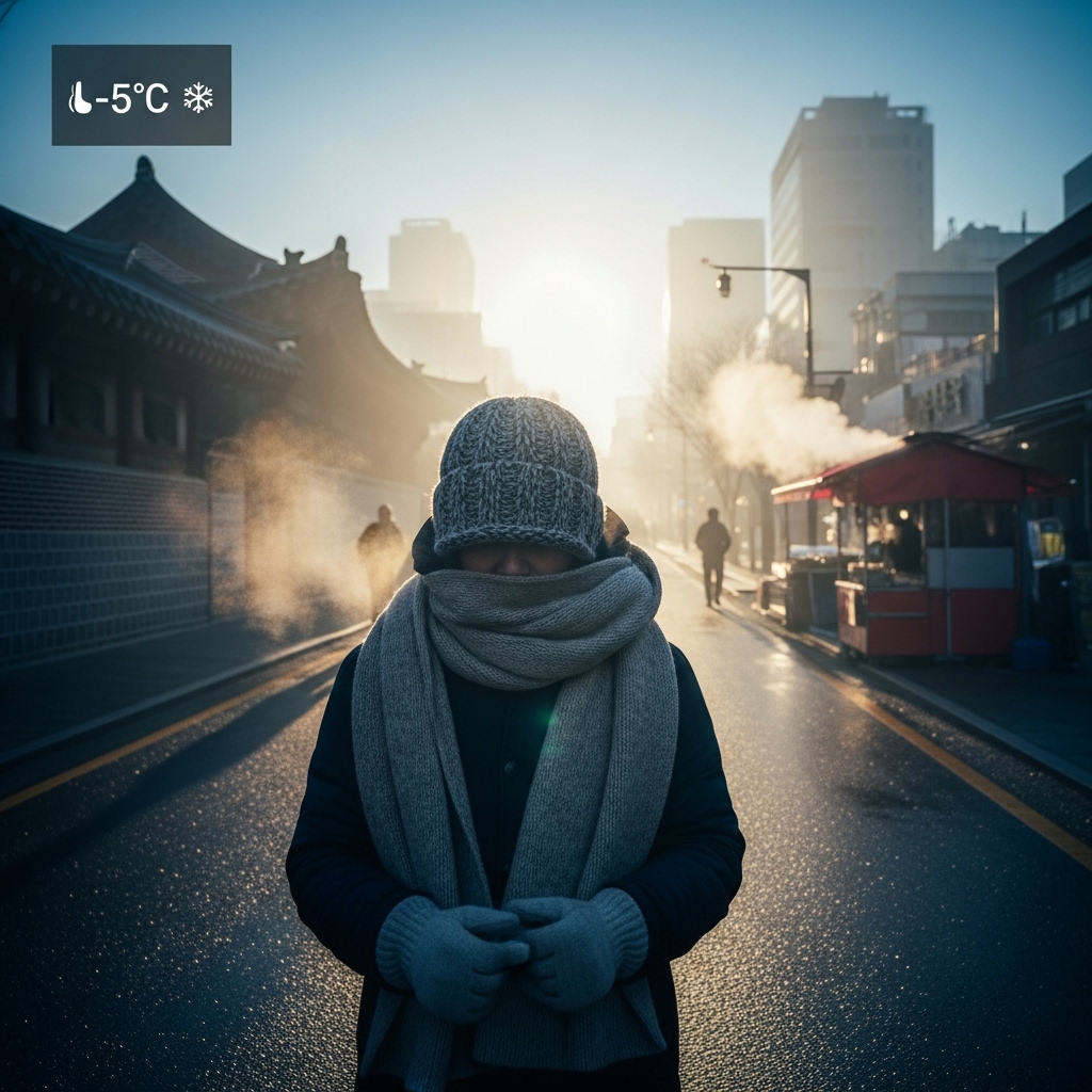 한파에 방한 용품을 챙겨입은 이미지