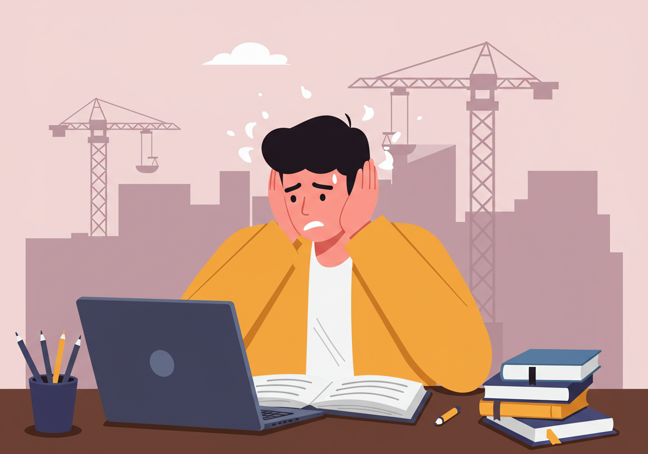 공사장 소음 때문에 시험 공부에 방해를 받아 스트레스를 느끼는 학생을 묘사한 일러스트