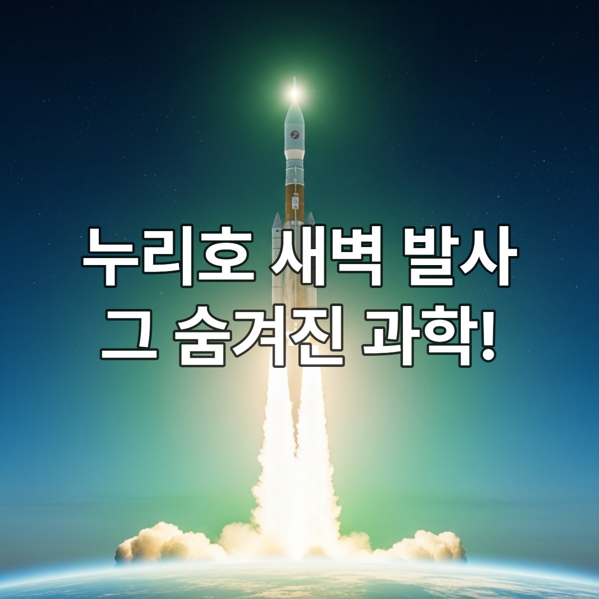 밤하늘을 가르며 힘차게 솟아오르는 누리호 로켓, 태양동기궤도 진입을 위한 새벽 발사의 웅장한 순간.