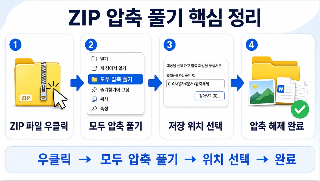 우클릭 → 모두 압축 풀기 → 위치 선택 → 완료 요약 이미지