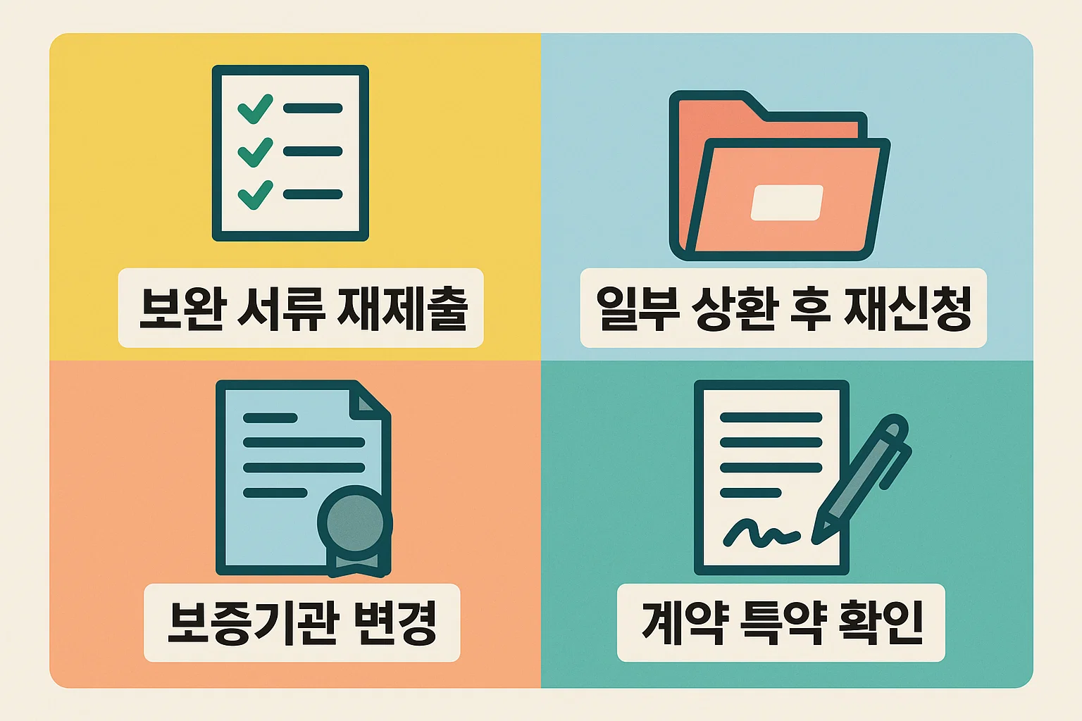 보완 서류 재제출, 일부 상환 후 재신청, 보증기관 변경, 계약 특약 확인 등 목적물 변경 거절 시 실질적인 해결방안을 단계별로 제시한 인포그래픽.