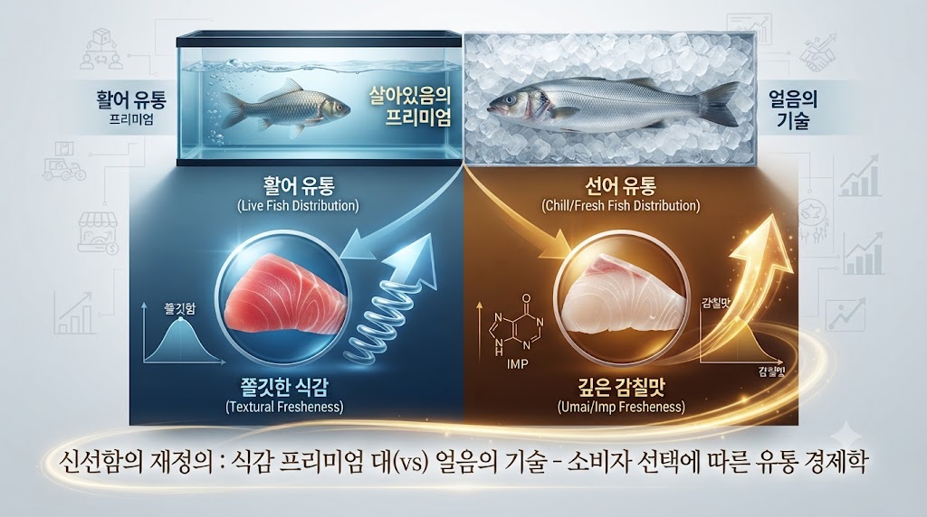 블로그 오십보의 정리를 시각화한 최종 요약 이미지입니다. 이미지 상단에는 다시 한번 활어(수조)와 선어(얼음)의 이미지가 배치되고, 그 아래로 두 가지 핵심 가치가 대비됩니다. 활어 쪽에는 '쫄깃한 식감 (Textural Fresheness)', 선어 쪽에는 '깊은 감칠맛 (Umai/Imp Fresheness)'이라는 텍스트가 강조됩니다. 결론적으로 신선함의 기준은 하나가 아니며, 소비자가 무엇을 원하느냐에 따라 유통 방식도 달라진다는 경제학적 메시지를 전달합니다. (심볼릭 인포그래픽)
