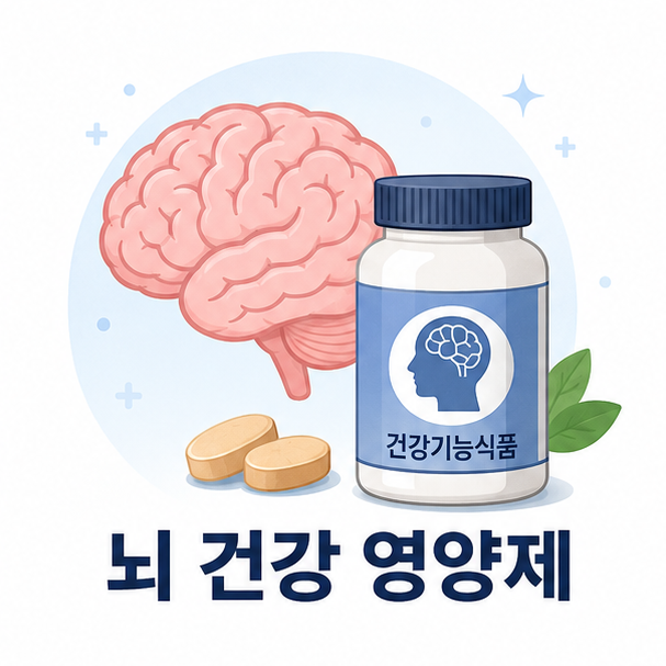 뇌 아이콘과 건강기능식품 용기로 뇌 건강 영양제를 표현한 대표 이미지