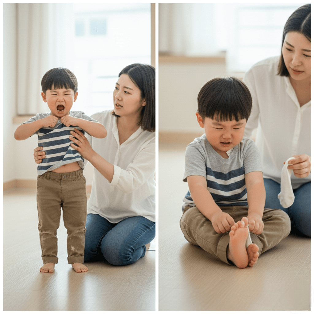 양말봉제선이아파하는아이,티셔츠태그때문에아파하는아이