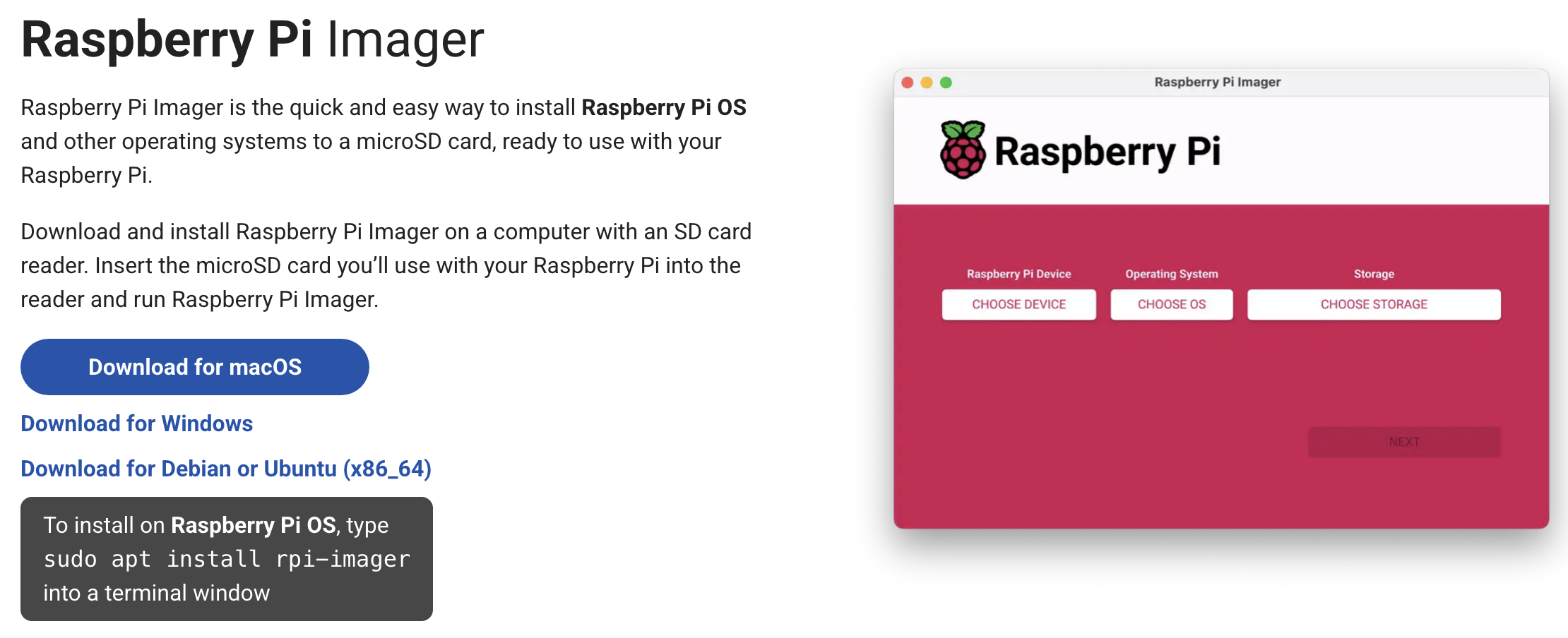 Raspberry Pi Imager 웹 페이지 모습이다.