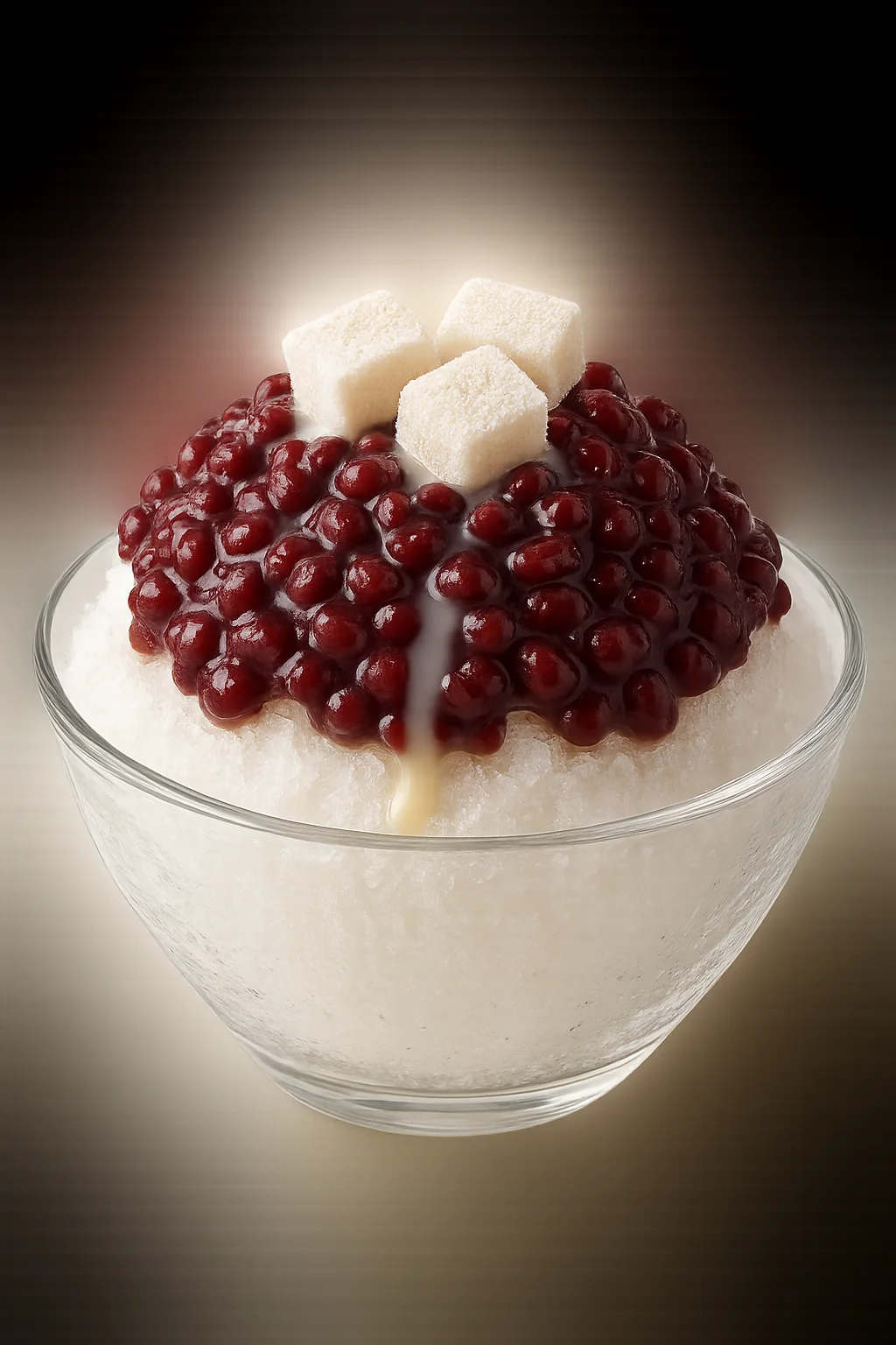 깨끗한 유리 그릇에 담긴 팥빙수, 고운 팥과 연유, 떡 고명, 투명한 배경, 상업용 사진 느낌