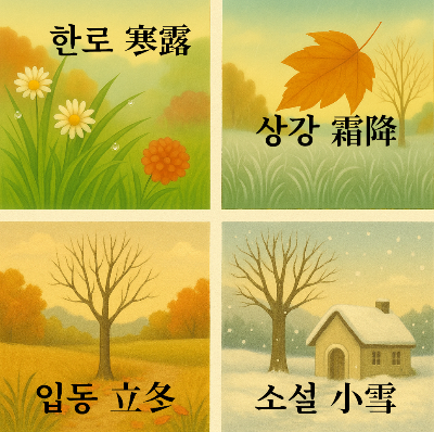 한로 (寒露), 상강 (霜降), 입동 (立冬), 소설 (小雪)의 시각적 이미지