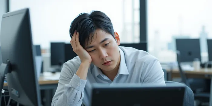 책상에서 이마를 짚고 피곤해하는 남성