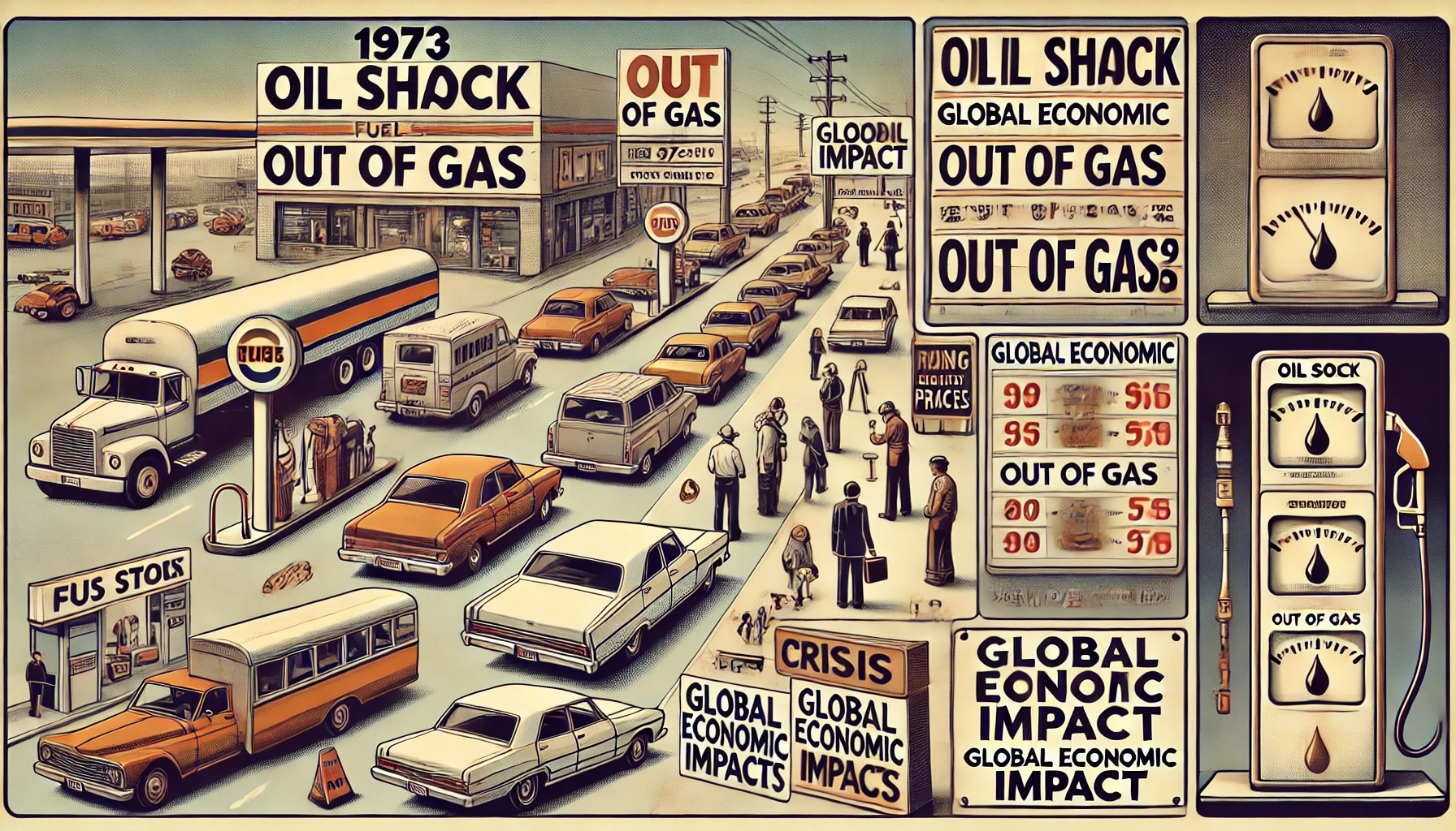 1973년 오일 쇼크를 표현한 역사적이고 현실적인 이미지. 주유소 앞에 길게 늘어선 차량들, '연료 없음(Out of Gas)' 표지판이 걸린 닫힌 주유기, 불안한 사람들의 모습과 상승하는 유가 표시판을 포함. 세계 경제에 미친 영향을 시각화하여 주식 시장 하락, 어려움을 겪는 사업체, 위기감을 전달하며, 1970년대의 복식, 차량, 간판 등 시대적 분위기를 충실히 재현.