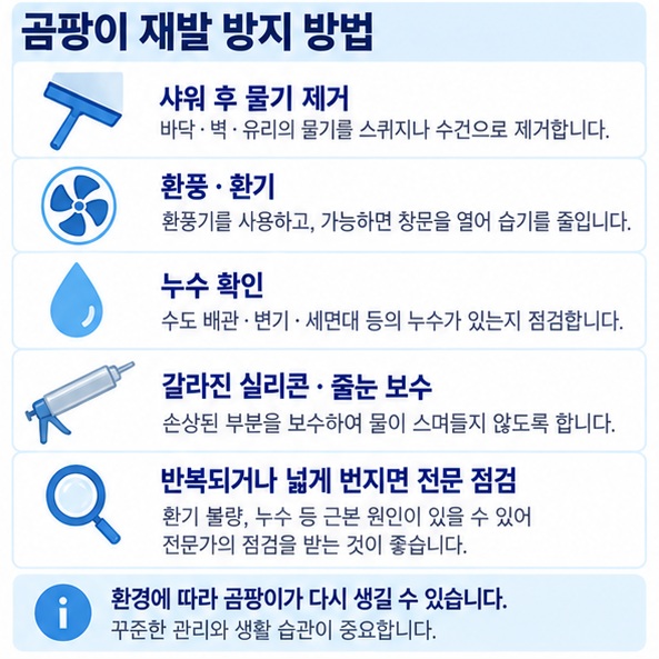 샤워 후 환기 물기 제거 누수 점검 실리콘 보수로 화장실 곰팡이 재발을 막는 방법을 보여주는 이미지