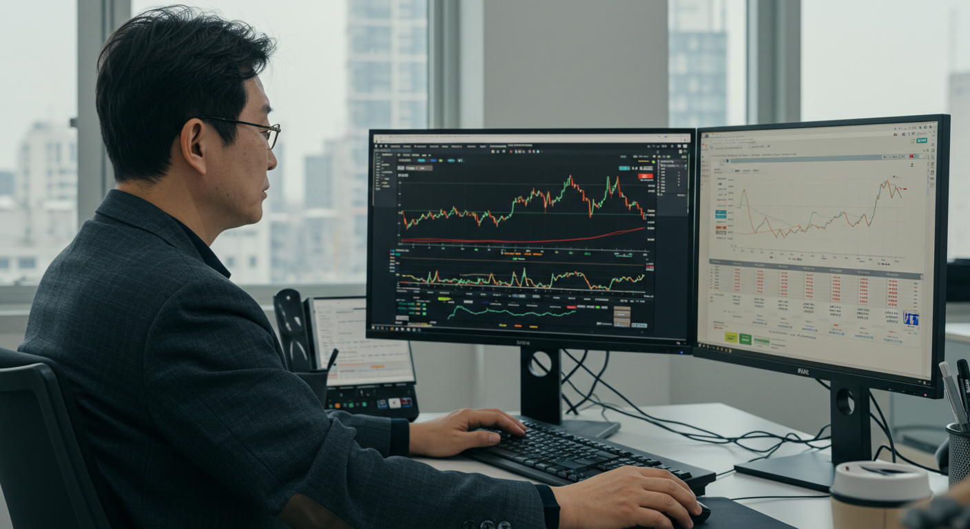 한국 주식 투자자가 외국인과 기관의 수급 데이터를 분석하며 주식 흐름을 예측하는 모습