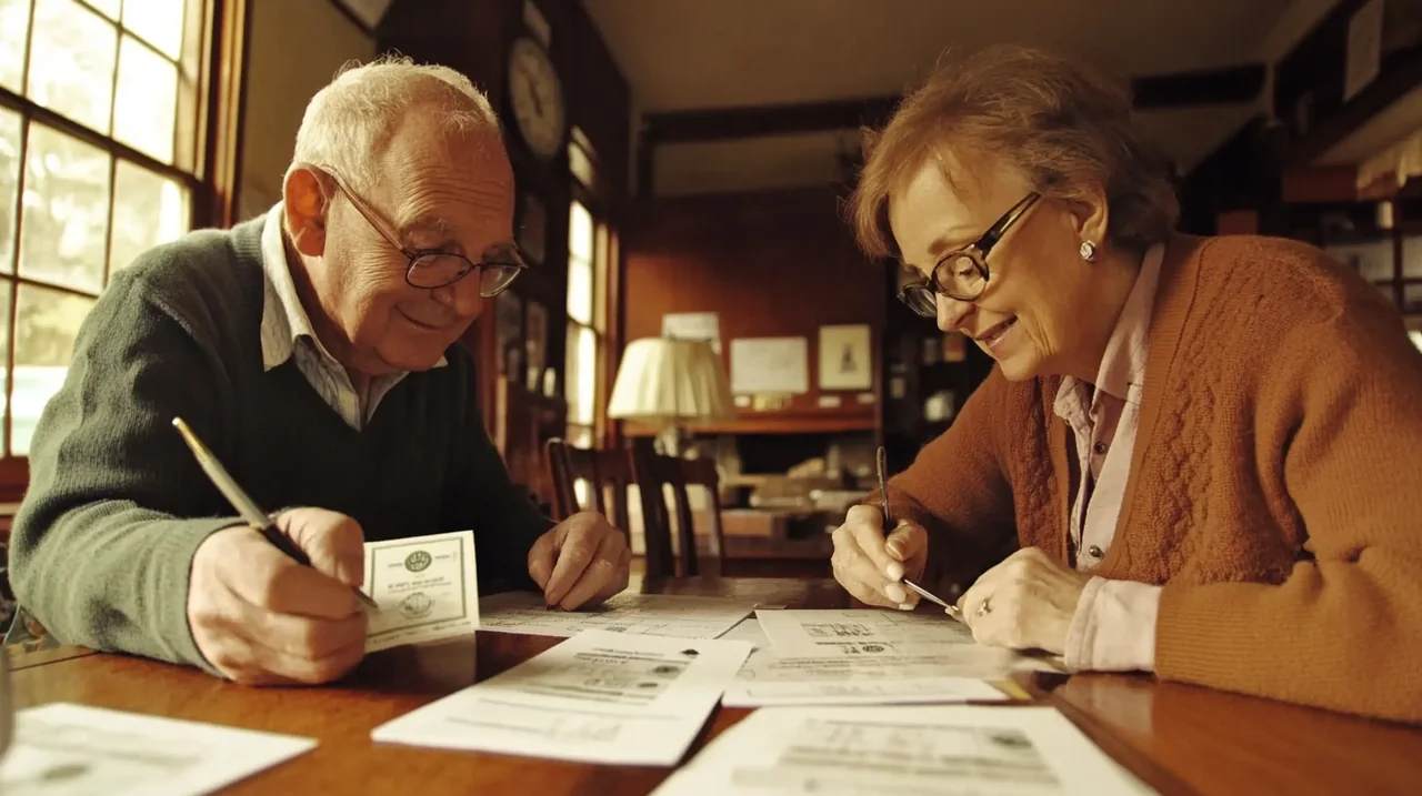 월배당 ETF로 노후 대비를 준비하며 금융적 여유를 만끽하는 노년의 투자자들, 안정적인 배당과 만족스러운 생활을 강조합니다.