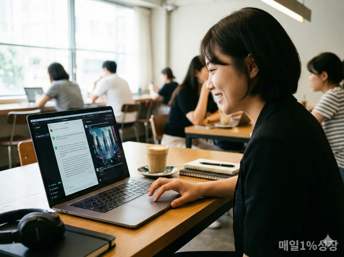 카페에서 AI 도구를 활용해 업무 효율을 높이고 있는 스마트한 한국 청년의 모습