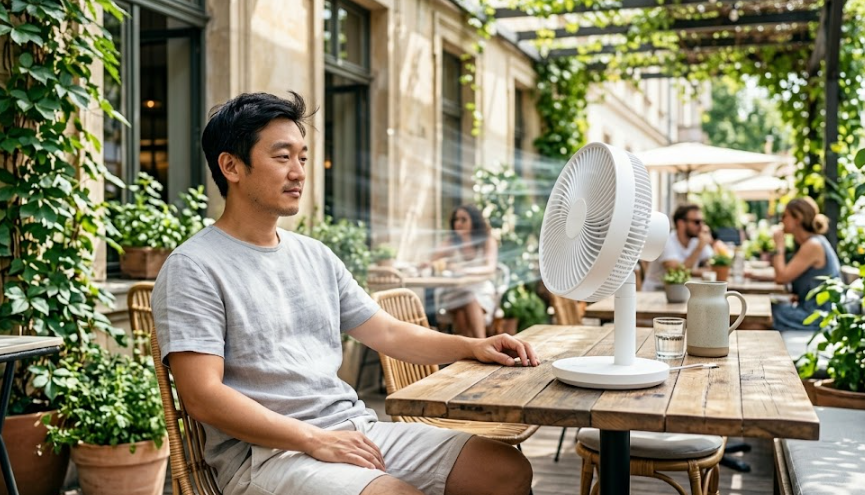 여름날 싱그러운 식물로 꾸며진 야외 테라스 테이블 위에서 작동 중인 깔끔한 디자인의 무선 선풍기