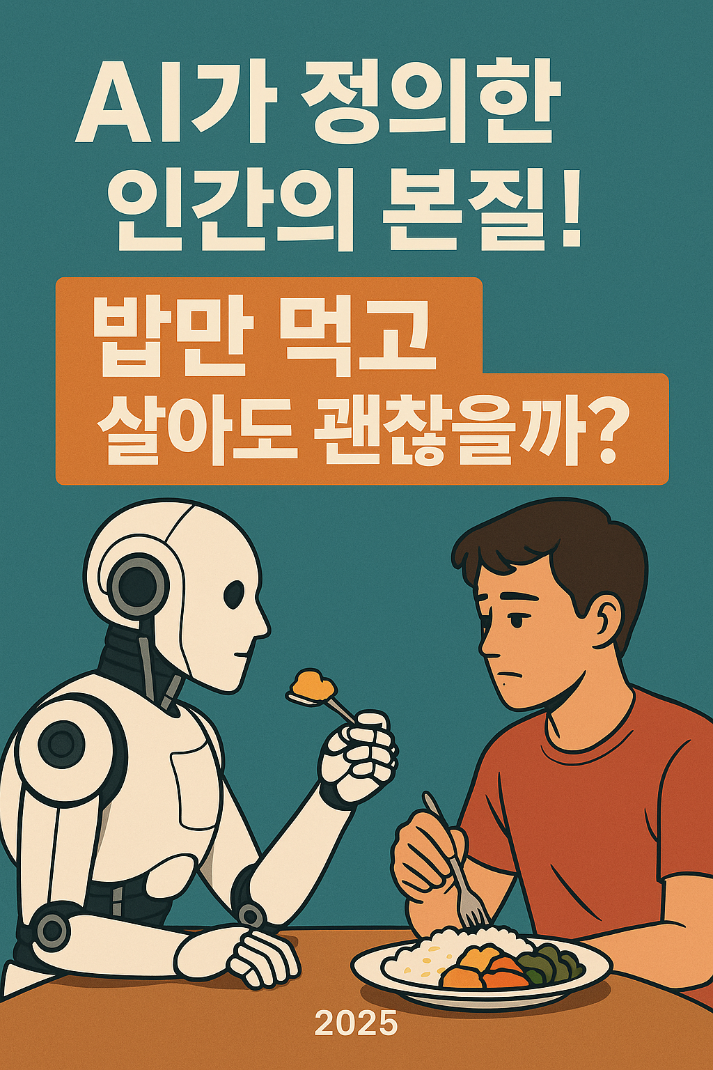AI가 정의한 인간의 본질, 로봇과 인간이 식탁에서 마주한 장면 일러스트
