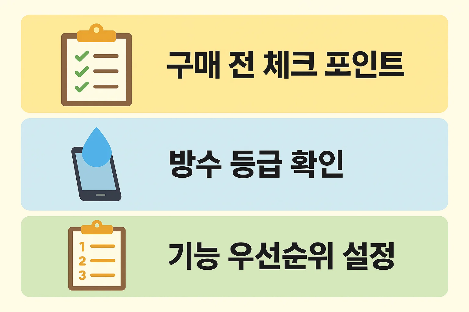 구매 전 체크리스트, 방수 등급 확인, 기능 우선순위 설정 등 스마트워치 선택 전 필수 확인 포인트를 담은 인포그래픽.