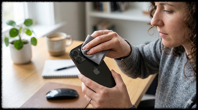스마트폰 카메라 렌즈를 천으로 닦아 김 서림을 제거하는 모습