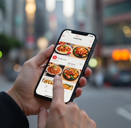 모바일폰으로 음식 음식 주문하고있음