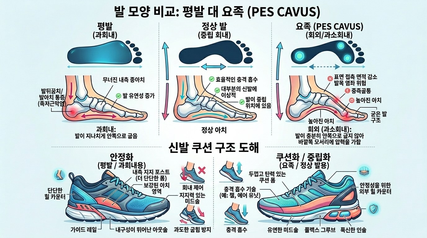 평발과 요족의 발 모양 비교 및 발 타입에 따른 안정화와 쿠션화의 구조적 차이를 보여주는 인포그래픽