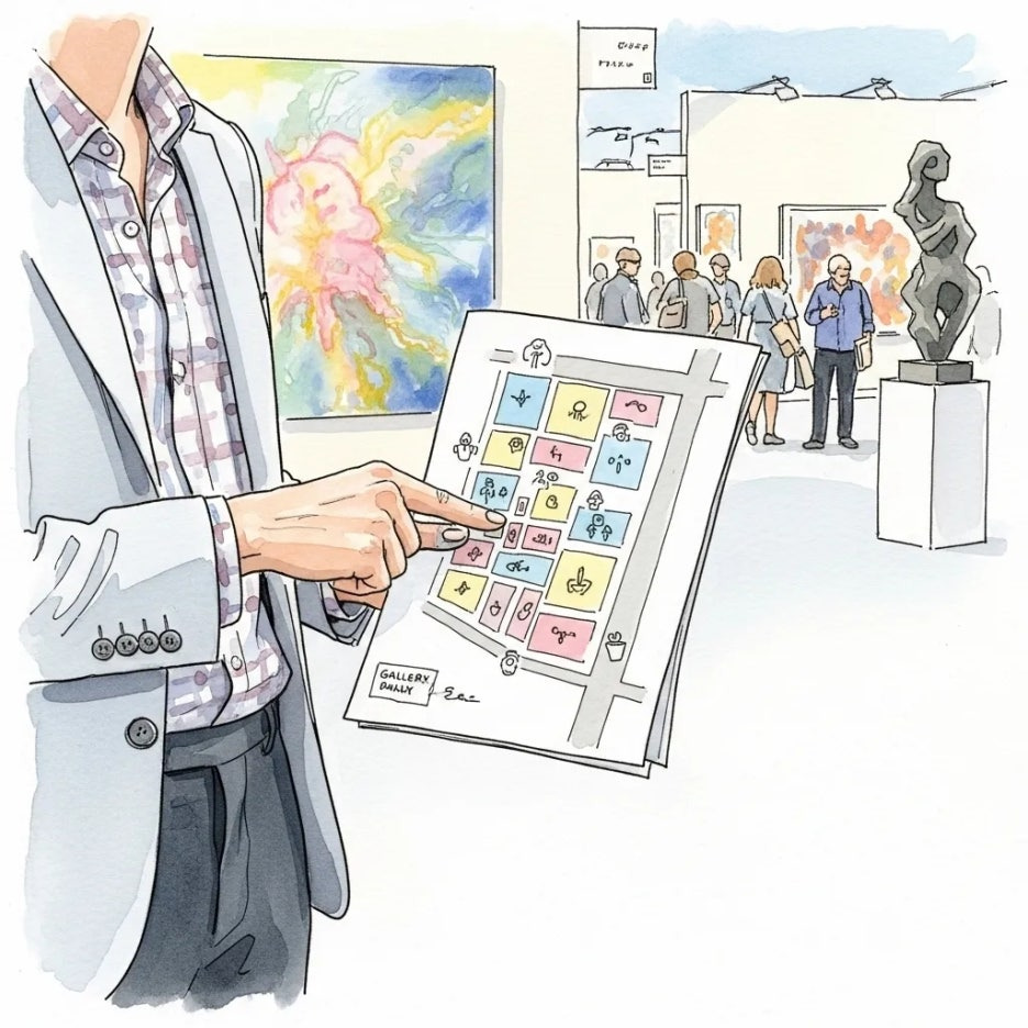 아트페어 지도를 들고 관람 동선을 고민하는 모습