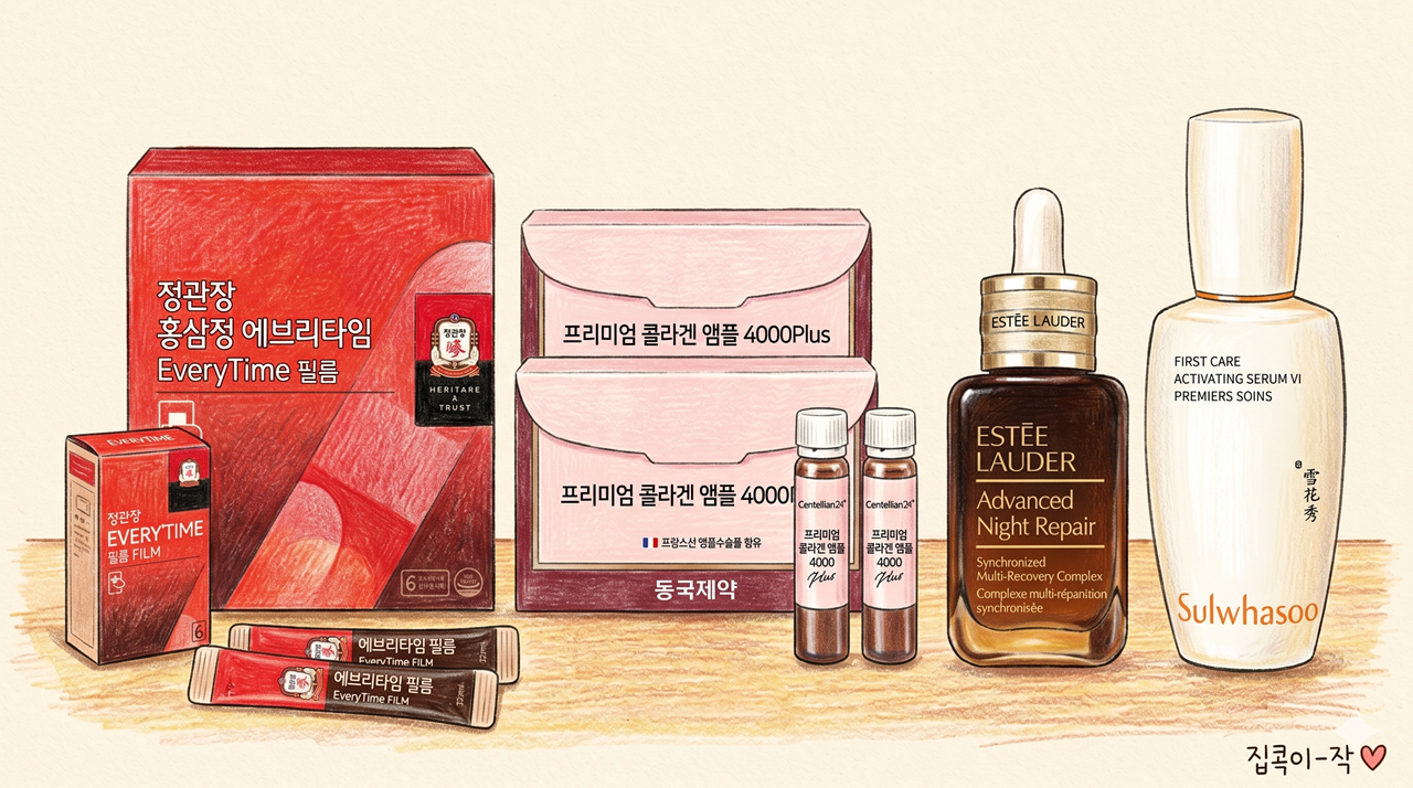 블로거 집콕이가 직접 그린 프리미엄 건강기능식품과 명품 화장품 색연필 일러스트(Color pencil illustration of premium health supplements and luxury cosmetics for parents by blogger Jipkok)