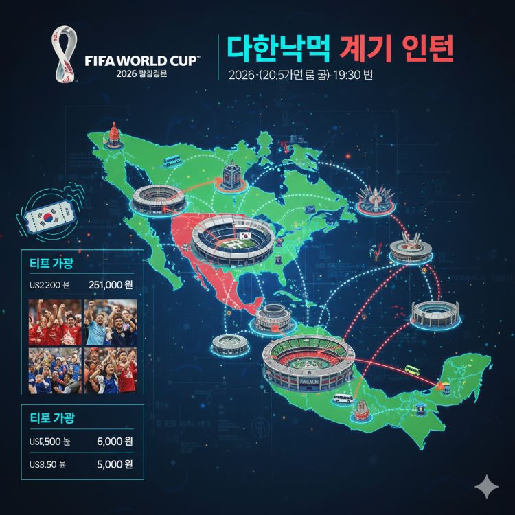 미국·캐나다·멕시코 세 나라 지도가 배경으로, 2026 FIFA 월드컵 로고·티켓 가격·경기장 풍경·대한민국 경기 일정 아이콘이 시각화된 이미지. 각 도시별 경로와 셔틀버스 아이콘이 선명하게 표현됨