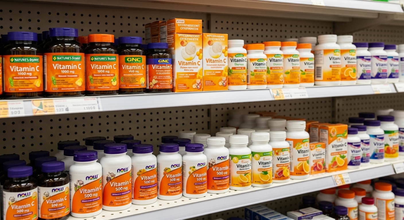 alt="약국 선반에 진열된 다양한 종류의 비타민C 제품들"