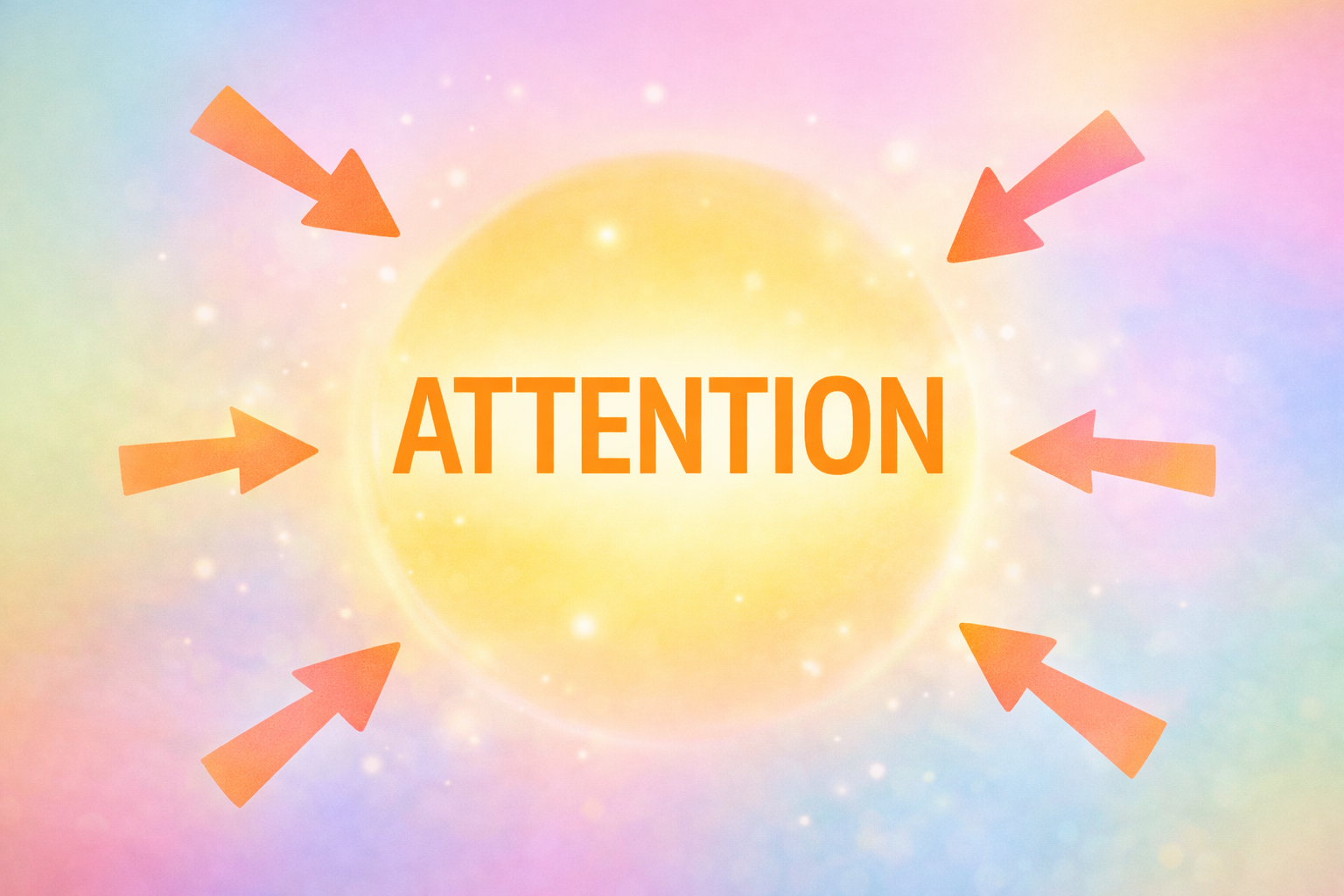 중앙에 ‘ATTENTION’이라는 문구가 강조되어 있고, 사방에서 화살표가 모이며 주의를 환기하는 그래픽 이미지