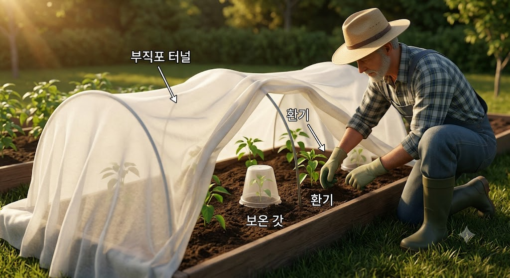 텃밭 두둑 위에 심겨진 어린 고추 모종 위로 하얀 부직포 보온 터널을 세심하게 설치하는 텃밭 관리 모습