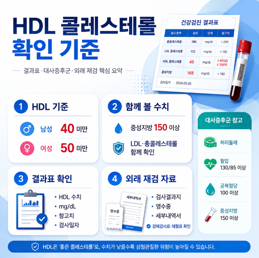 HDL 콜레스테롤 확인 기준과 남녀 기준, 중성지방 및 외래 재검 자료를 요약한 건강검진 인포그래픽