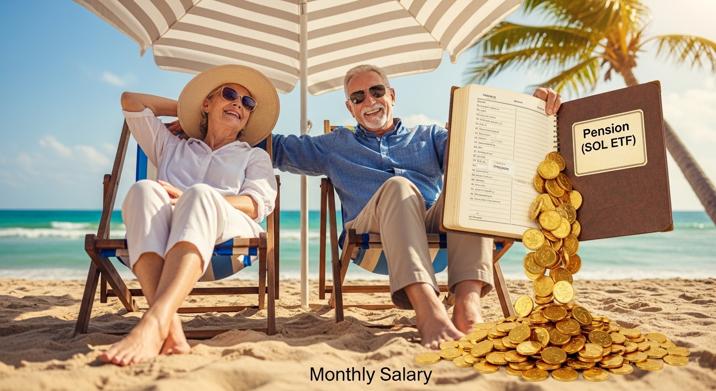 은퇴한 노부부가 'SOL ETF'라고 적힌 연금 통장에서 매달 '월급'을 받으며 여유롭게 여행을 즐기는 이미지