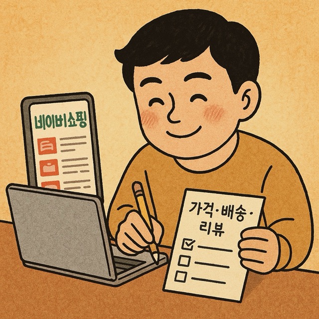 네이버쇼핑 검색 결과를 비교하며 ‘가격·배송·리뷰’ 표를 작성하는 캐릭터