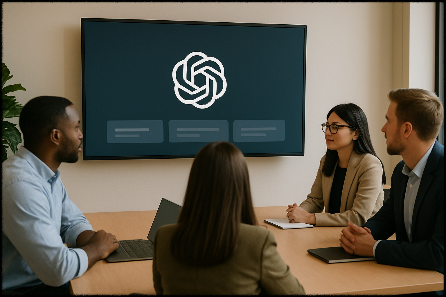 팀원들이 ChatGPT 프롬프트 예시 화면을 보며 논의하는 협업 장면