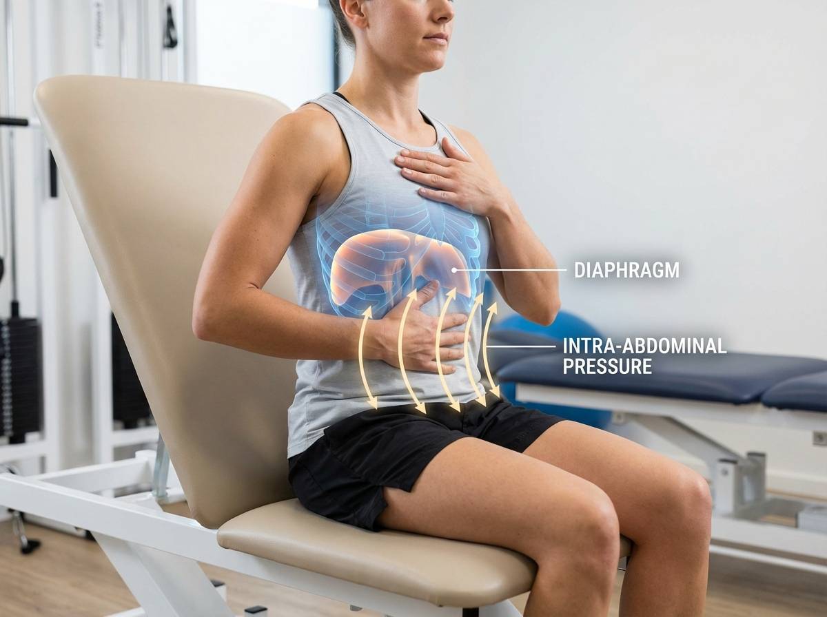 횡격막의 상하 운동과 복강 내 압력 형성을 시각적으로 보여주며, 안정적인 자세에서 복식 호흡을 수행하는 전문가의 이미지