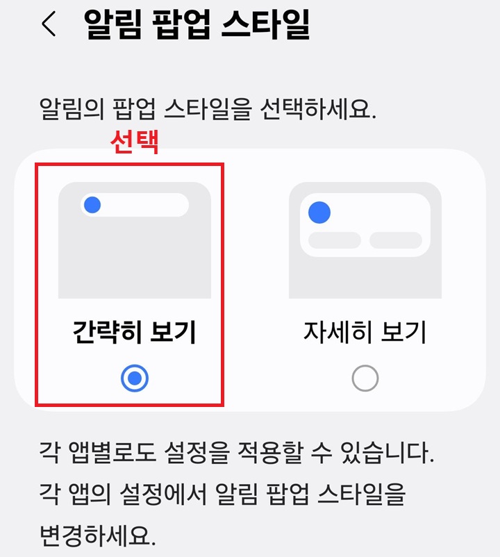 알림 팝업 스타일 페이지에 간략히 보기 선택되어있음