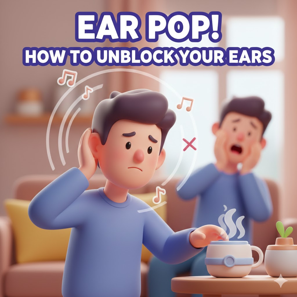 귀가 먹먹한 사람이 귀를 만지며 고민하는 모습과 '귀 뻥! 뚫는 법'이라는 문구가 있는 3D 카툰 일러스트.