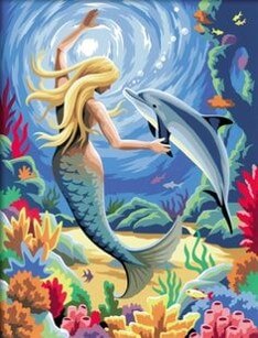 금발머리-인어가-산호초가-무성한-바닷가에서-돌고래와-수영하는-일러스트