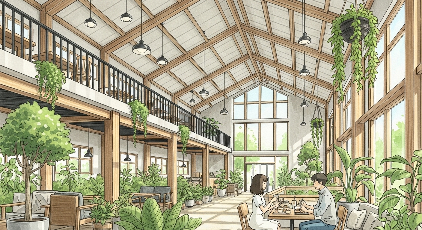 미사리 홍종흔 베이커리의 식물원 같은 실내에서 브런치를 즐기는 30대 커플, 지브리 애니메이션 스타일 일러스트