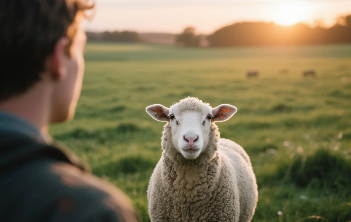 사람 얼굴을 기억하는 양의 호기심 가득한 표정
