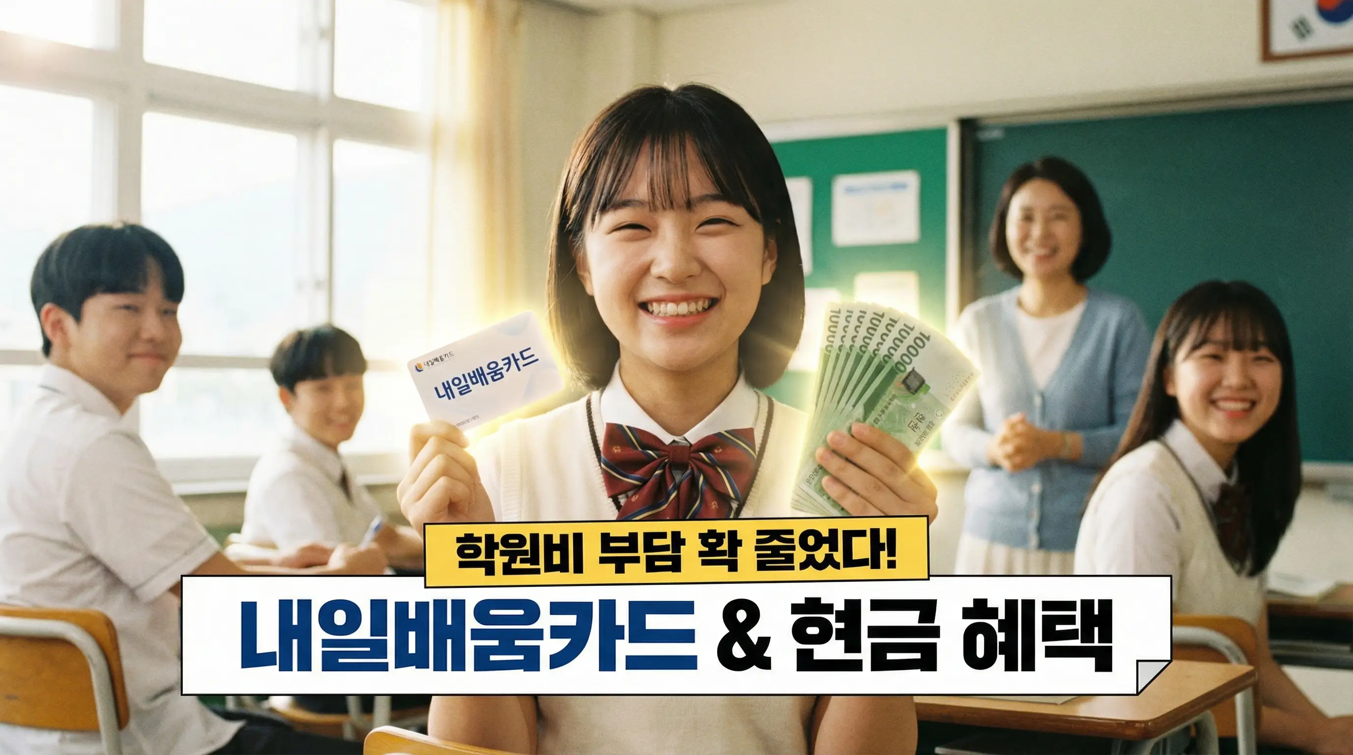 학원비 부담을 줄여주는 내일배움카드와 현금 혜택을 상징하는 밝은 이미지