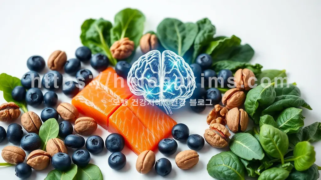 밝고 깨끗한 배경 위, 중앙에 뇌 아이콘이 배치되고 그 주변에 신선한 연어 필레, 블루베리, 호두, 그리고 생기 넘치는 녹색 잎채소(시금치, 케일 등)가 스타일링 되어 놓인 이미지.
