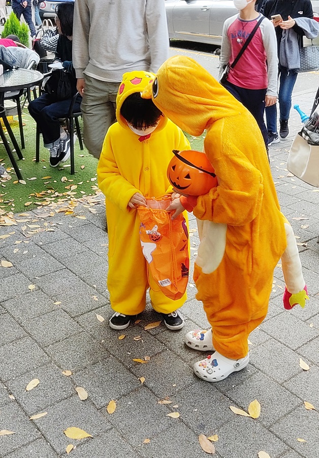 파이리 옷을 입은 형이 주는 사탕을 받고있는 피카추 쿠웅이