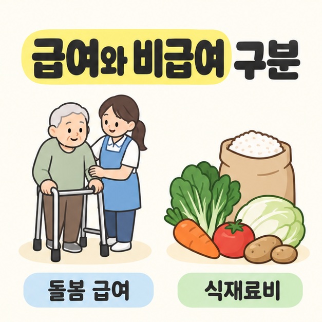 급여와 비급여 구분 제목 아래 보행기를 짚은 어르신을 돕는 돌봄 급여 장면과 쌀과 채소로 표현한 식재료비